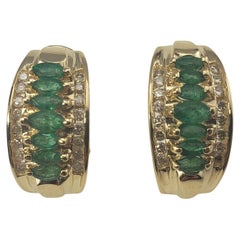Vintage 14 Karat Yellow Gold Emerald and Diamond Hoop Earrings