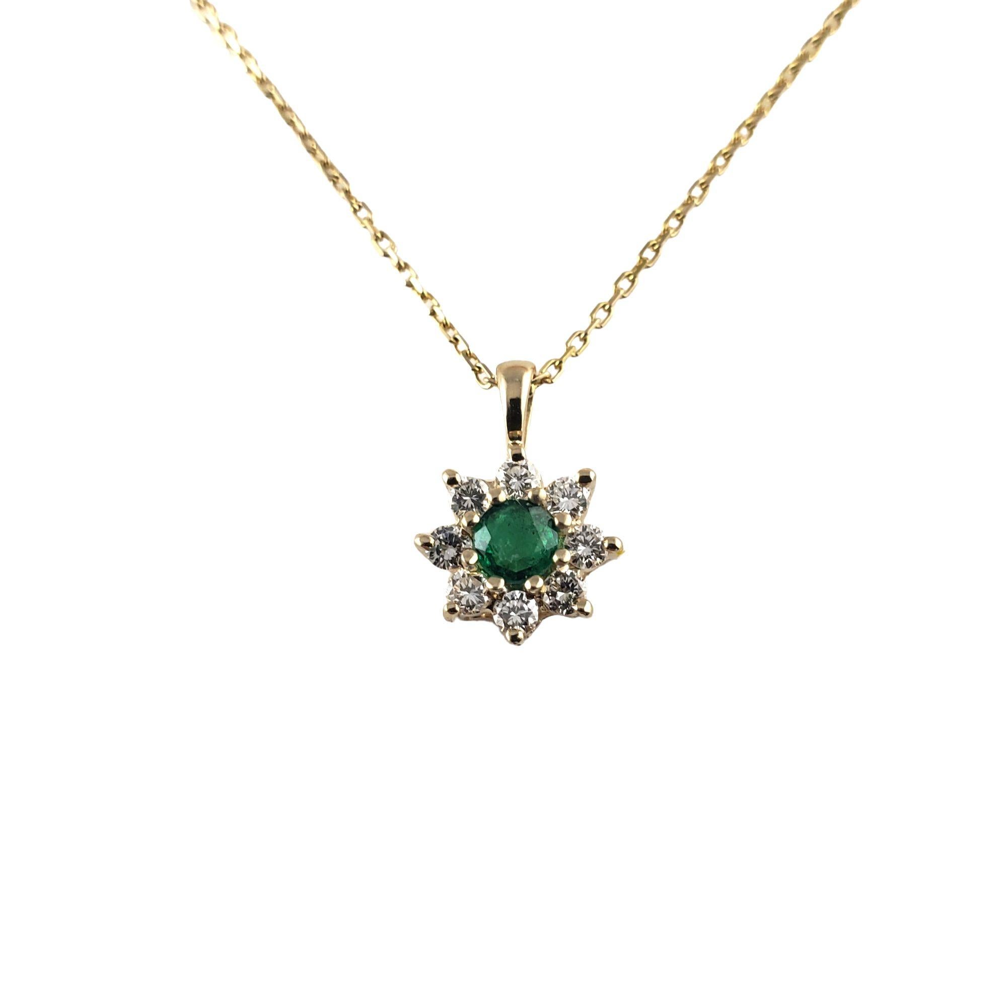 This lovely necklace features one round emerald (5 mm) and eight round brilliant cut diamonds set in classic 14K yellow gold. Suspends from a classic cable necklace.

Approximate total diamond weight: .32 ct.

Diamond color: F

Diamond clarity: