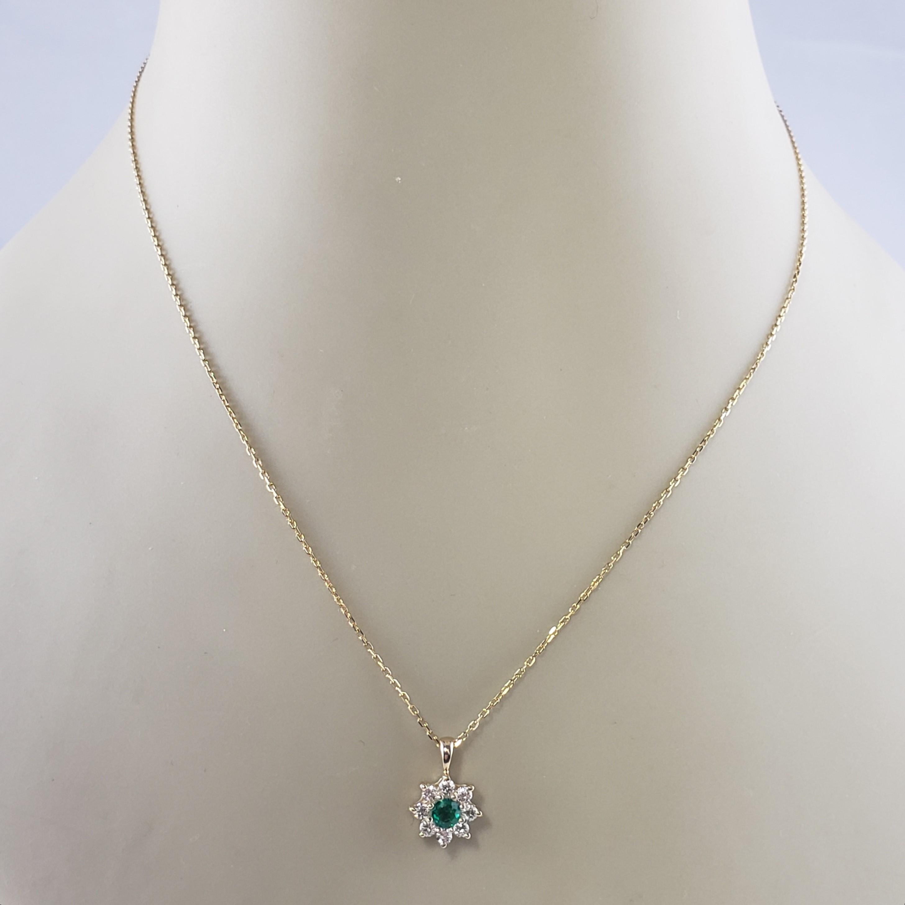 Vintage 14 Karat Yellow Gold Emerald and Diamond Pendant Necklace #20422 For Sale 2