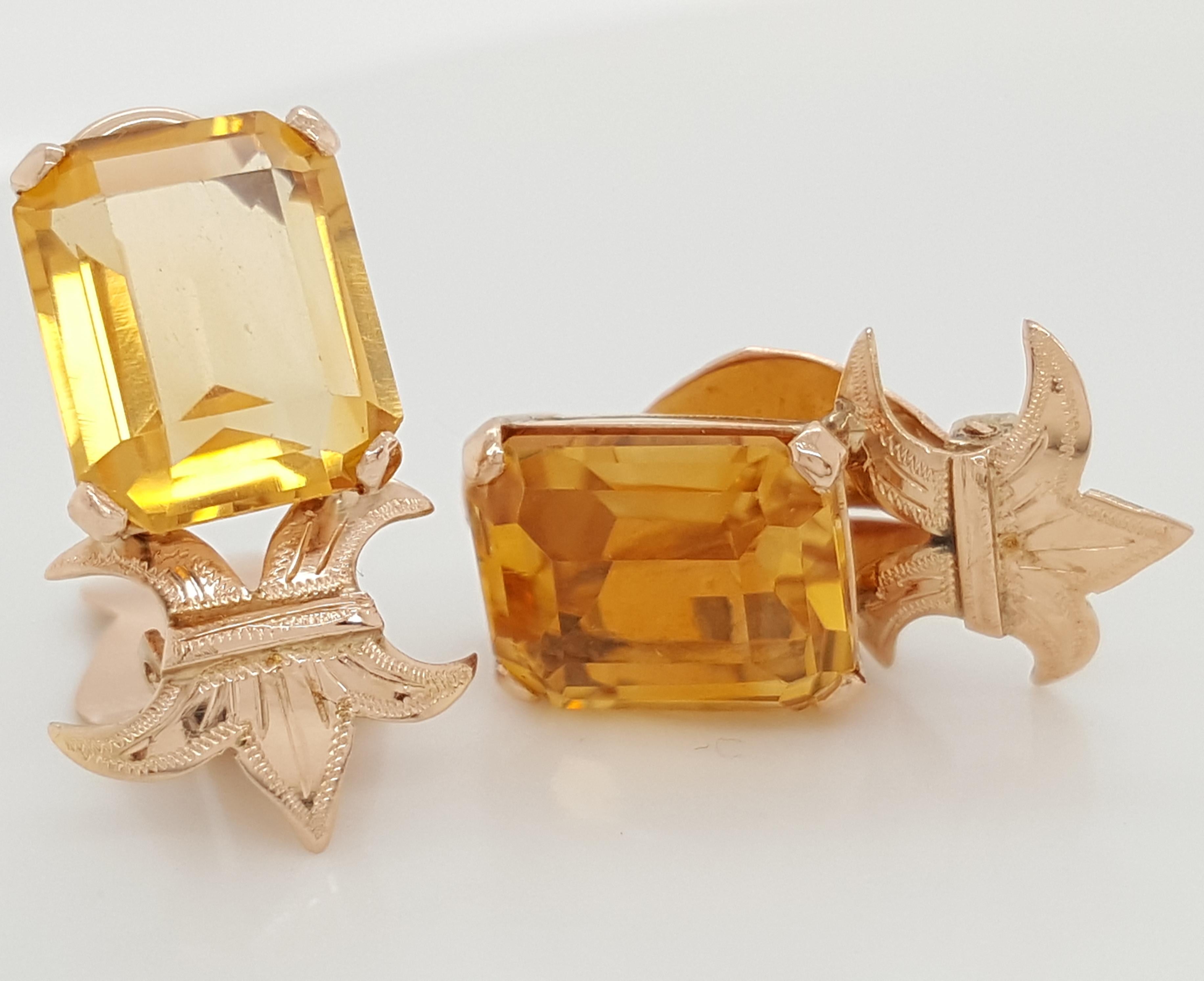 Vintage 14 Karat Yellow Gold Emerald Step Cut Citrine Ear Clips Earrings In Good Condition For Sale In Addison, TX
