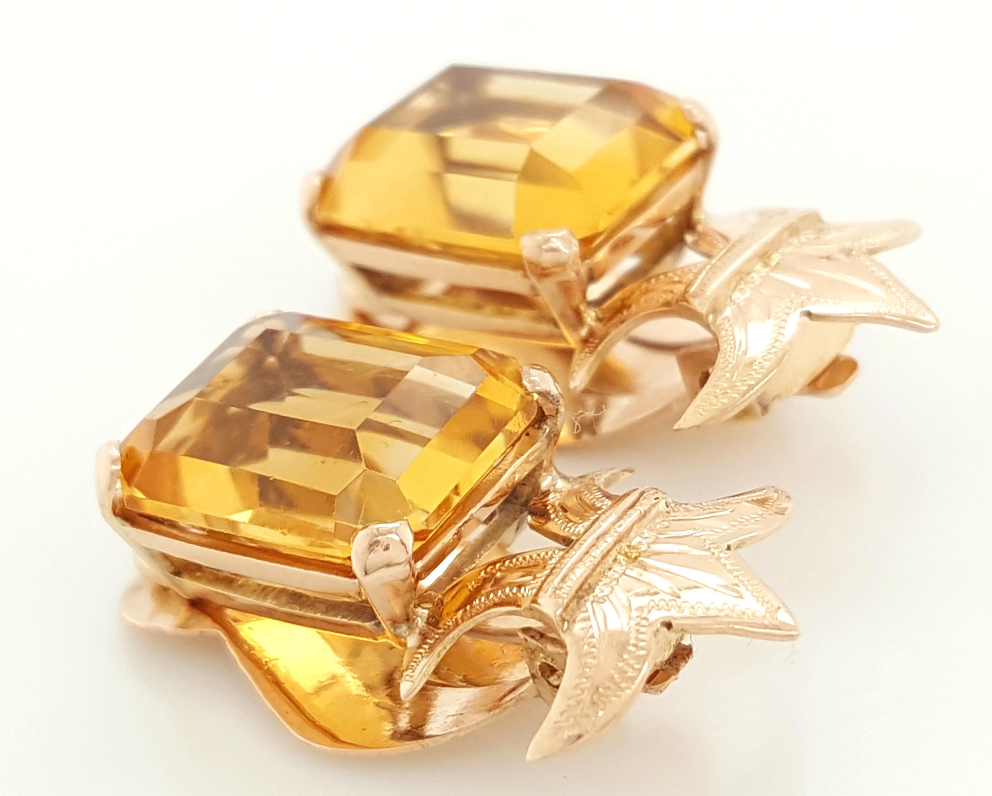 Women's or Men's Vintage 14 Karat Yellow Gold Emerald Step Cut Citrine Ear Clips Earrings For Sale