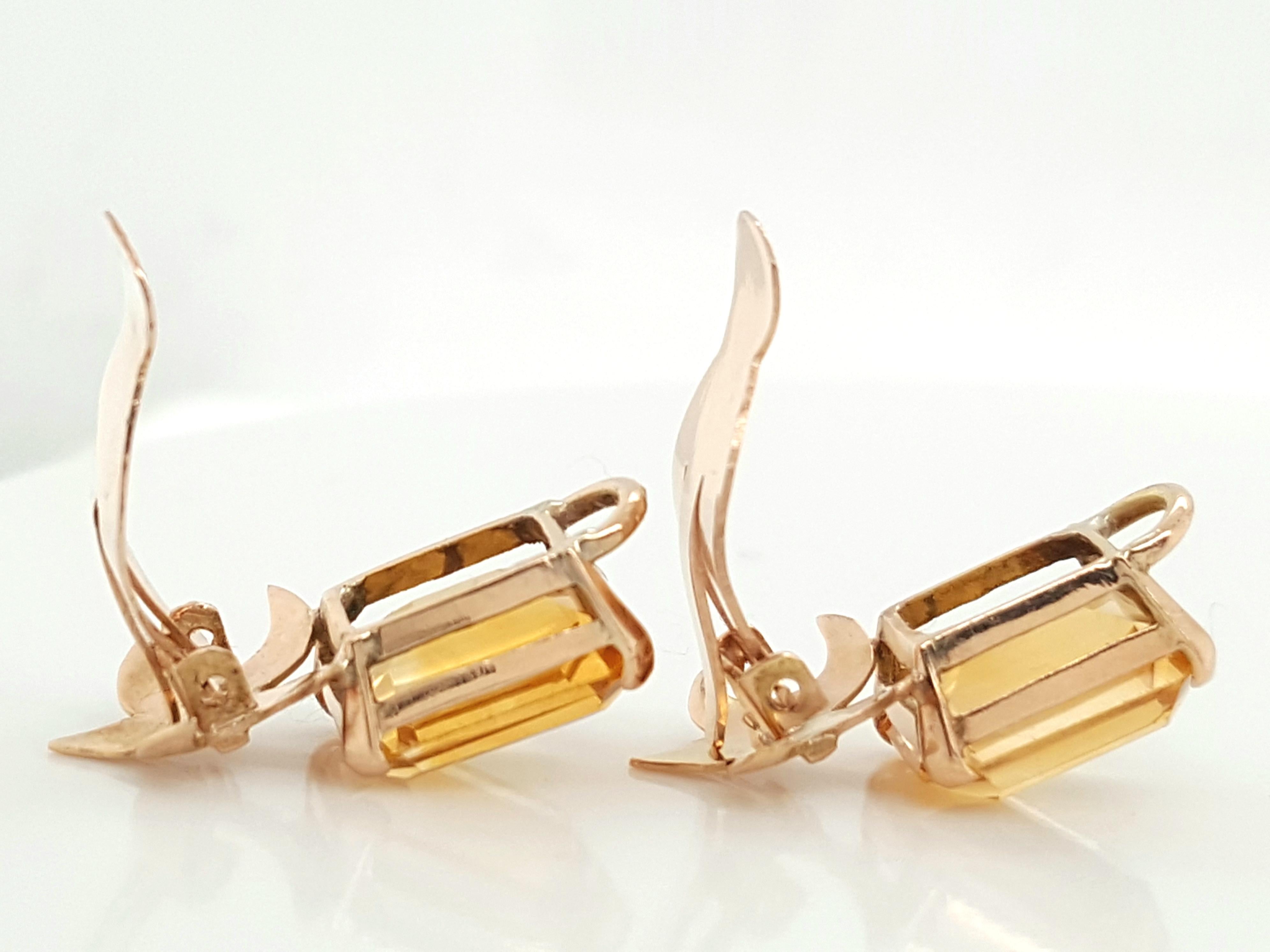 Vintage 14 Karat Yellow Gold Emerald Step Cut Citrine Ear Clips Earrings For Sale 1