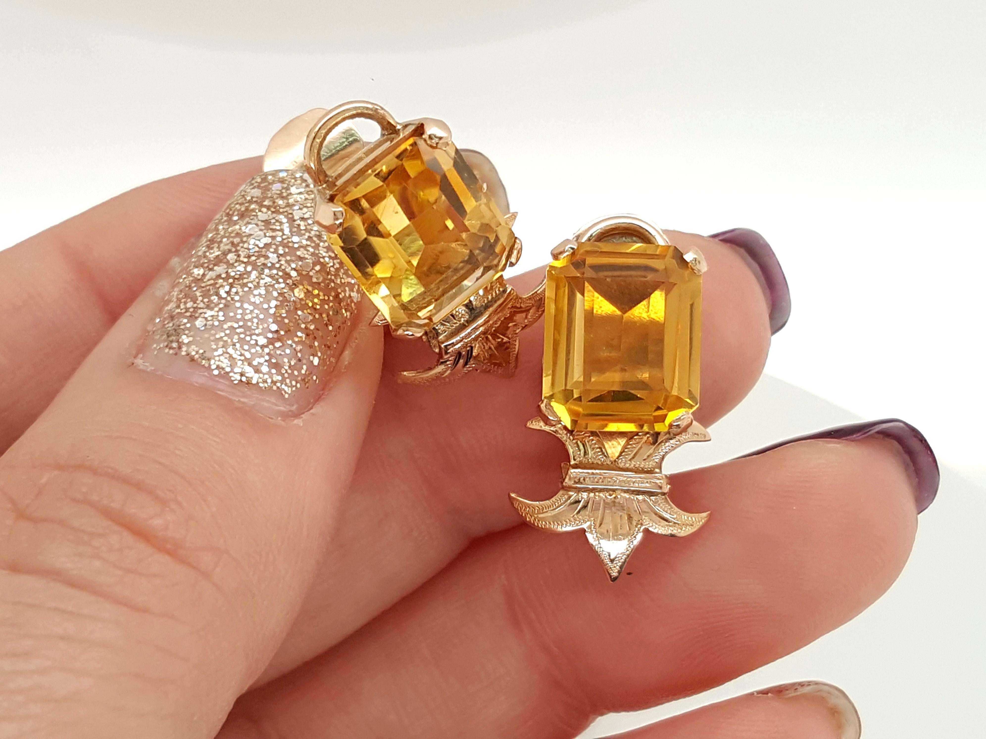Vintage 14 Karat Yellow Gold Emerald Step Cut Citrine Ear Clips Earrings For Sale 2