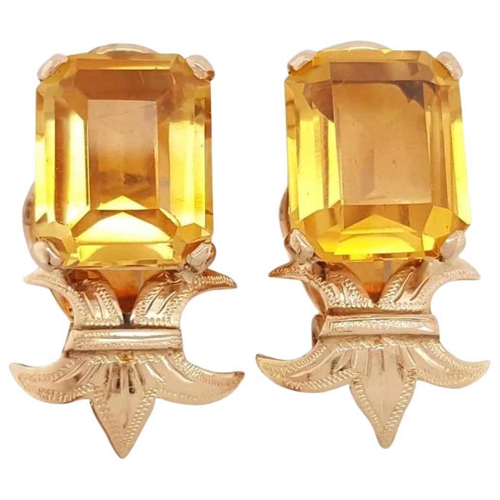 Vintage 14 Karat Yellow Gold Emerald Step Cut Citrine Ear Clips Earrings For Sale