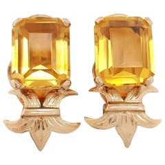 Retro 14 Karat Yellow Gold Emerald Step Cut Citrine Ear Clips Earrings