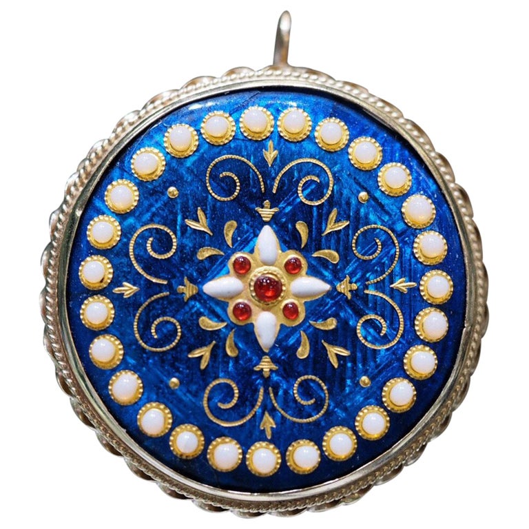 Vintage 14 Karat Yellow Gold Enamel Brooch/ Pendant For Sale at 1stDibs