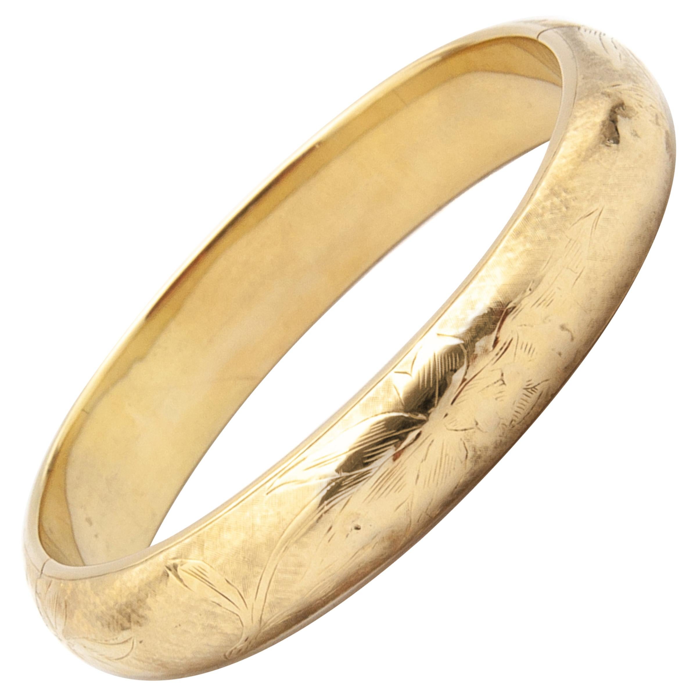 14K Gold Floral Engraved Bangle Bracelet For Sale