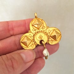 Antique 14K Yellow Gold Walcherse Strik Pendant with Pearl, Circa 1850