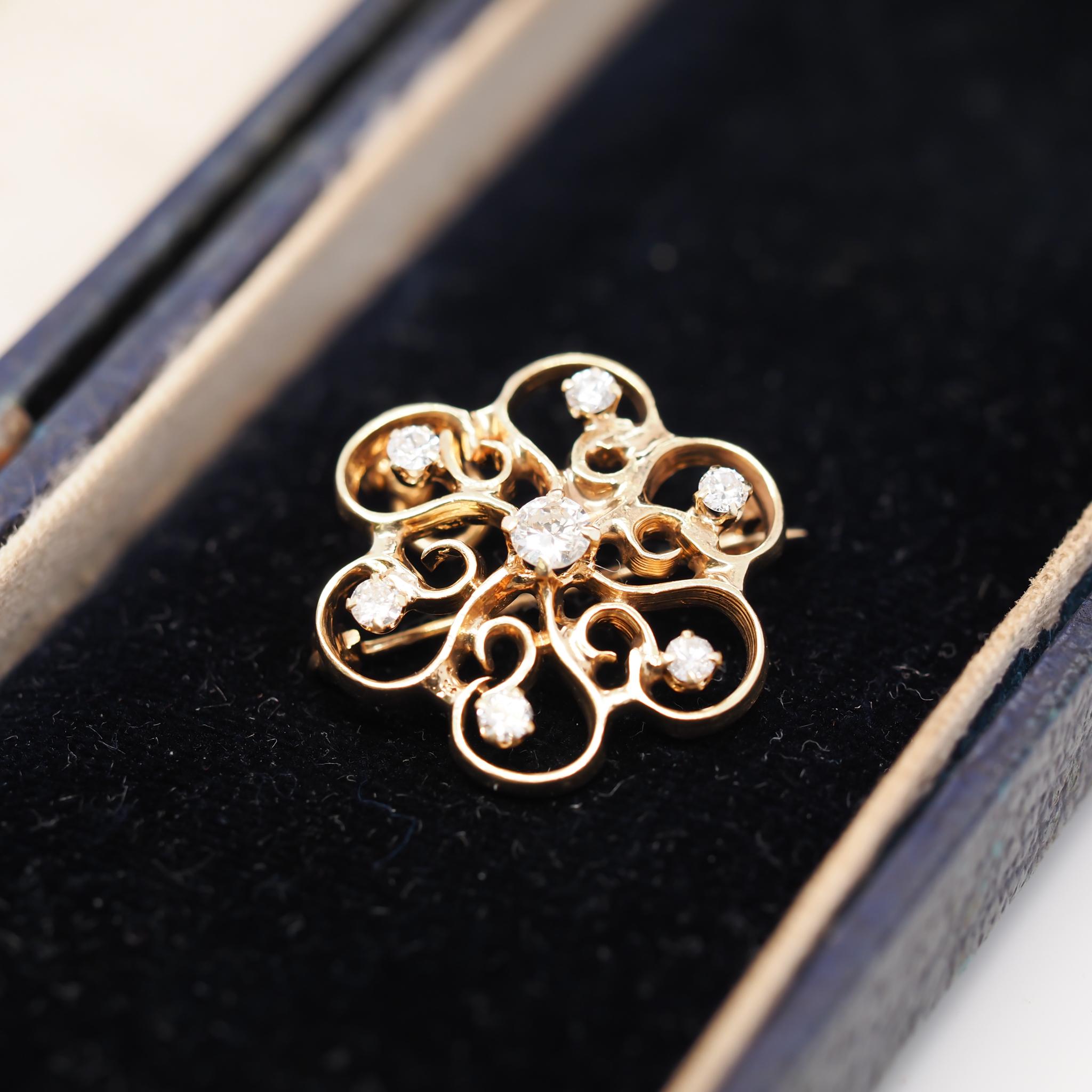 Women's or Men's Vintage 14 Karat Yellow Gold Floral Diamond Pendant and Brooch For Sale