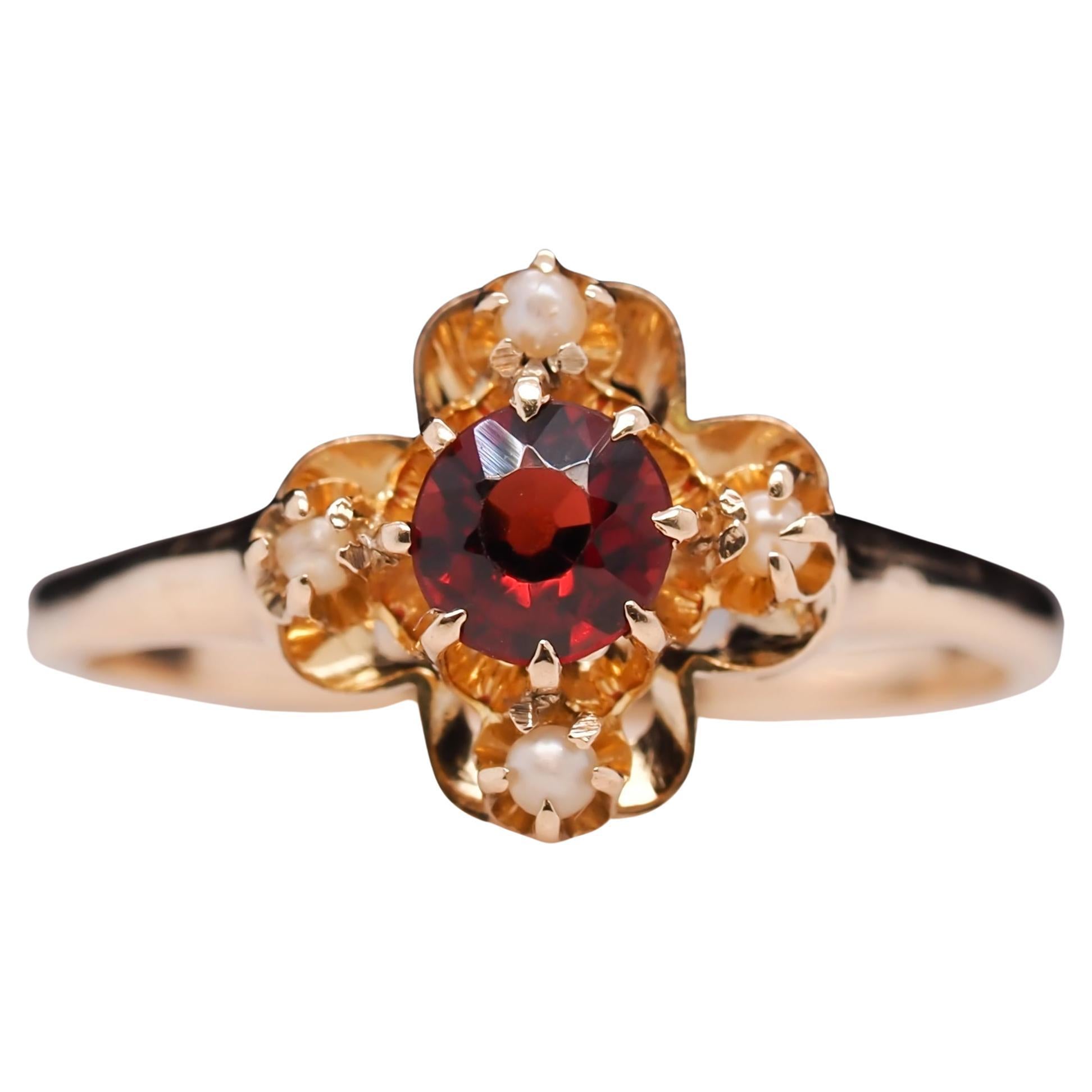 Vintage 14 Karat Yellow Gold Garnet and Seed Pearl Ring For Sale