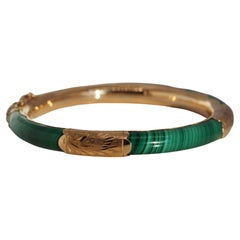 Vintage 14 Karat Yellow Gold Green Malachite Hinged Cuff Bracelet