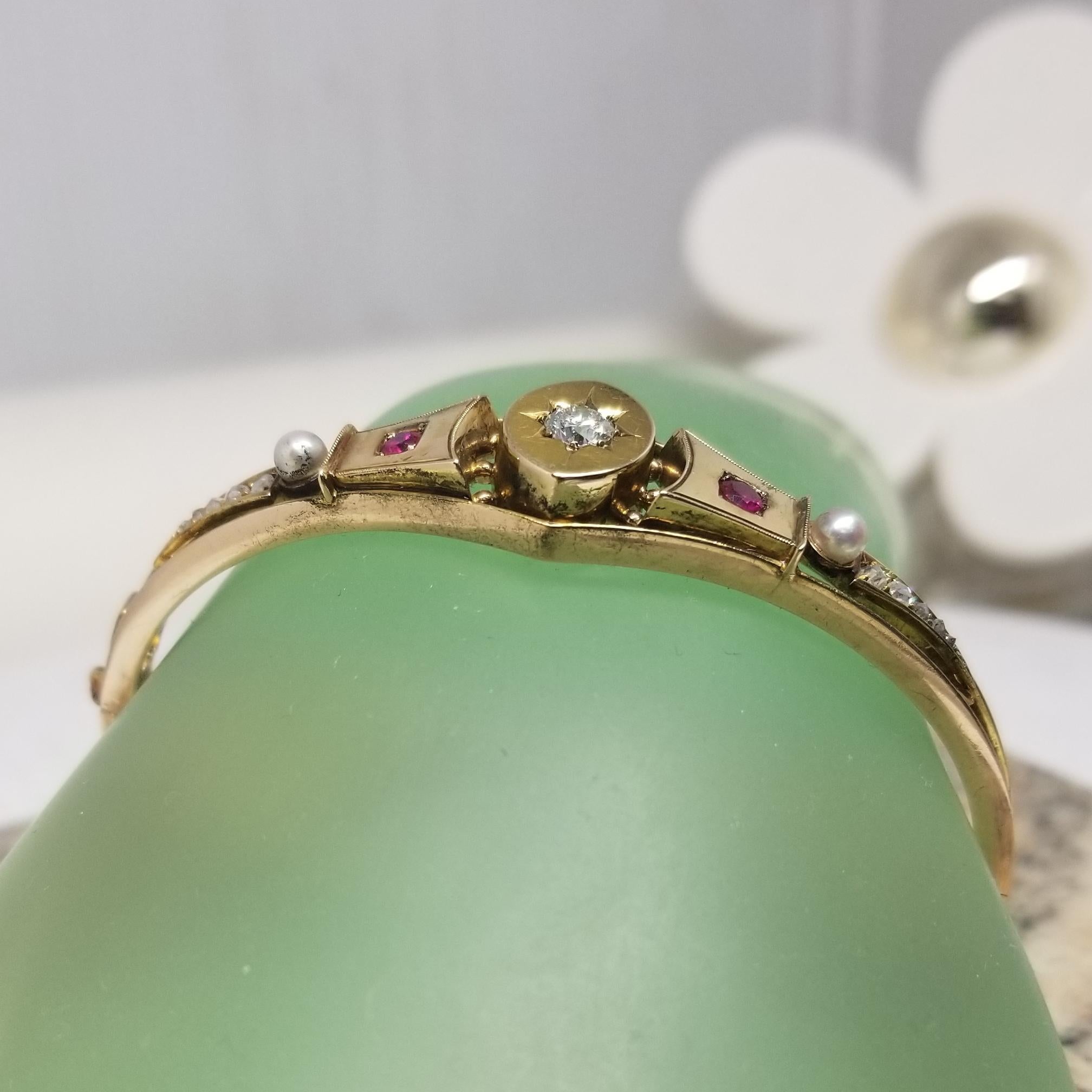 Vintage 14 Karat Yellow Gold Handmade Diamond and Ruby Bangle Bracelet 2