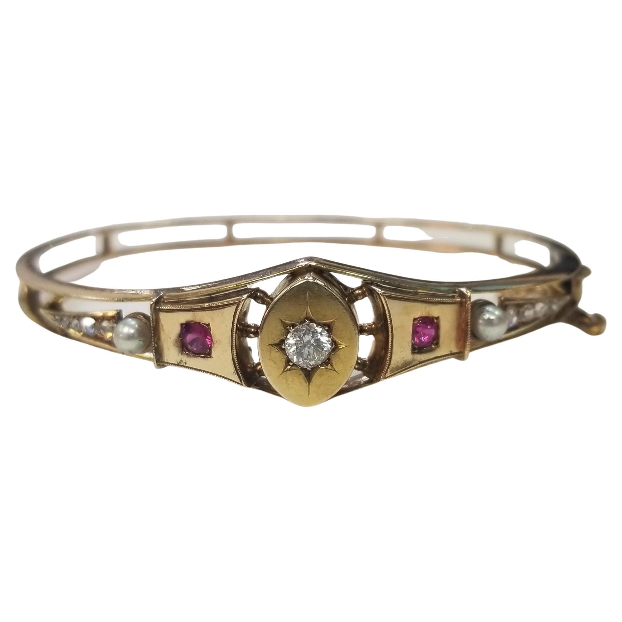 Bracelet jonc vintage fait main en or jaune 14 carats avec diamants et rubis