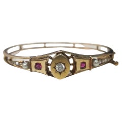 Bracelet jonc vintage fait main en or jaune 14 carats avec diamants et rubis
