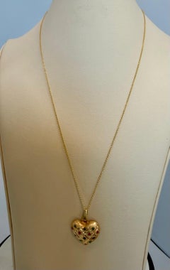 Vintage 14 Karat Yellow Gold Heart Pendant , Multi color stone , With Chain 18"