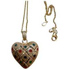 Vintage 14 Karat Yellow Gold Heart Pendant , Multi color stone , With Chain 18"