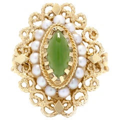 Vintage 14 Karat Yellow Gold, Jade and Pearl Navette Ring