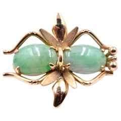 Vintage 14 Karat Yellow Gold Jade Bug Pin