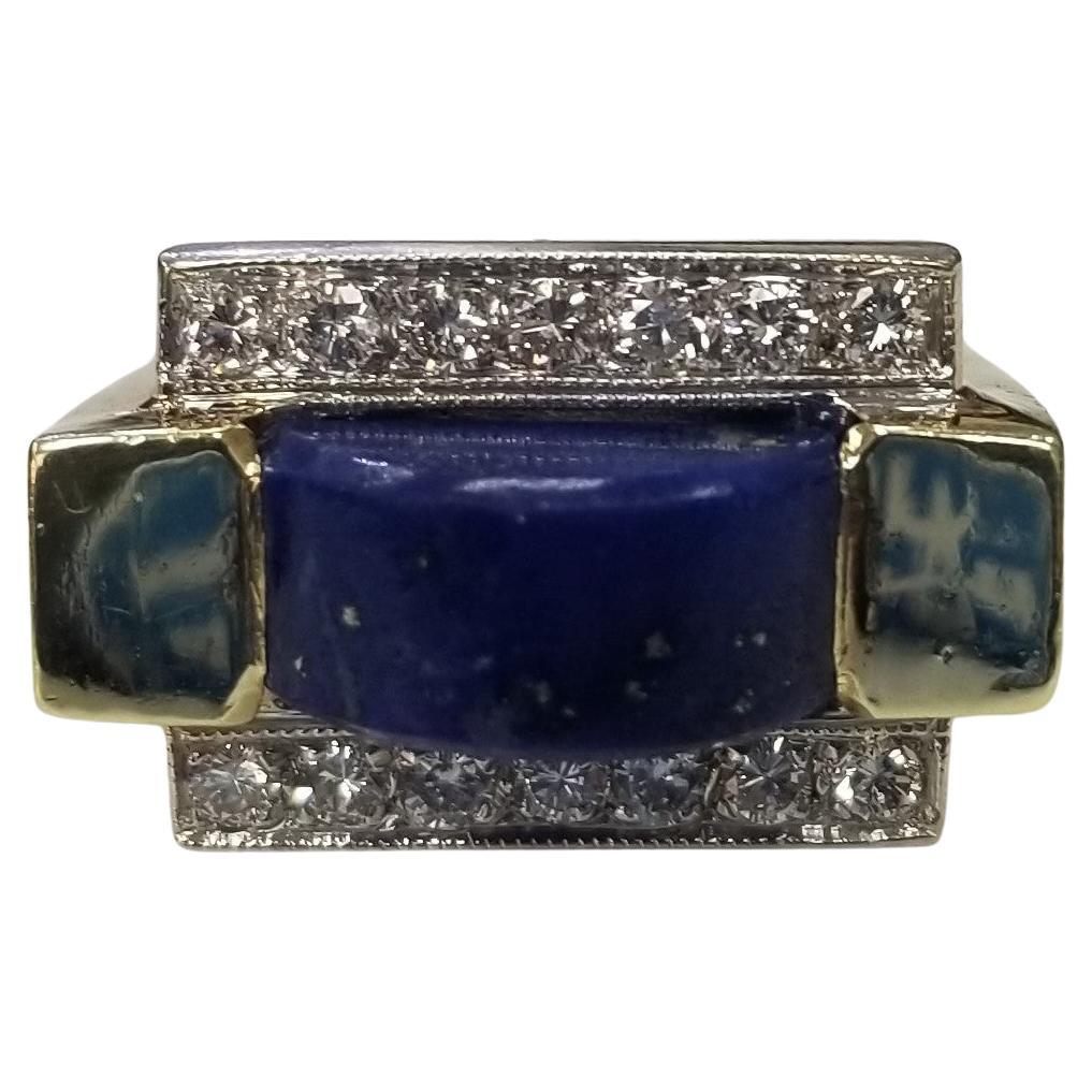 Vintage 14 Karat Yellow Gold lapiz lazuli and Diamond Ring For Sale