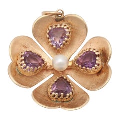 Vintage 14 Karat Yellow Gold Large Amethyst Pearl Four Leaf Clover Pendant Charm