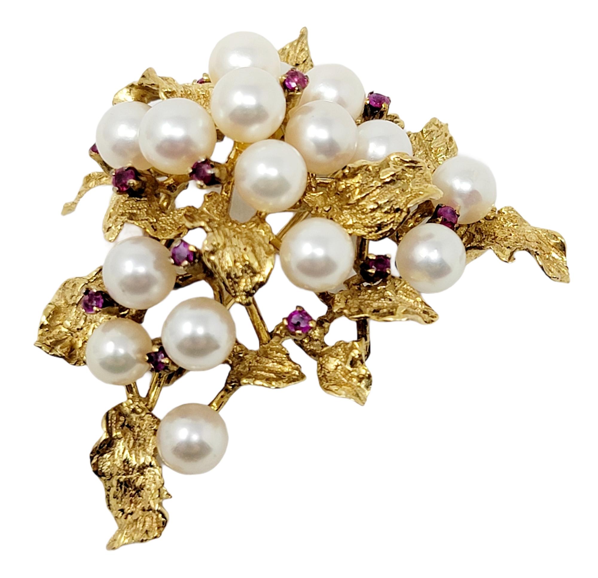 Vintage 14 Karat Yellow Gold Large Leaf Cluster Brooch with Pearls and Rubies For Sale 2