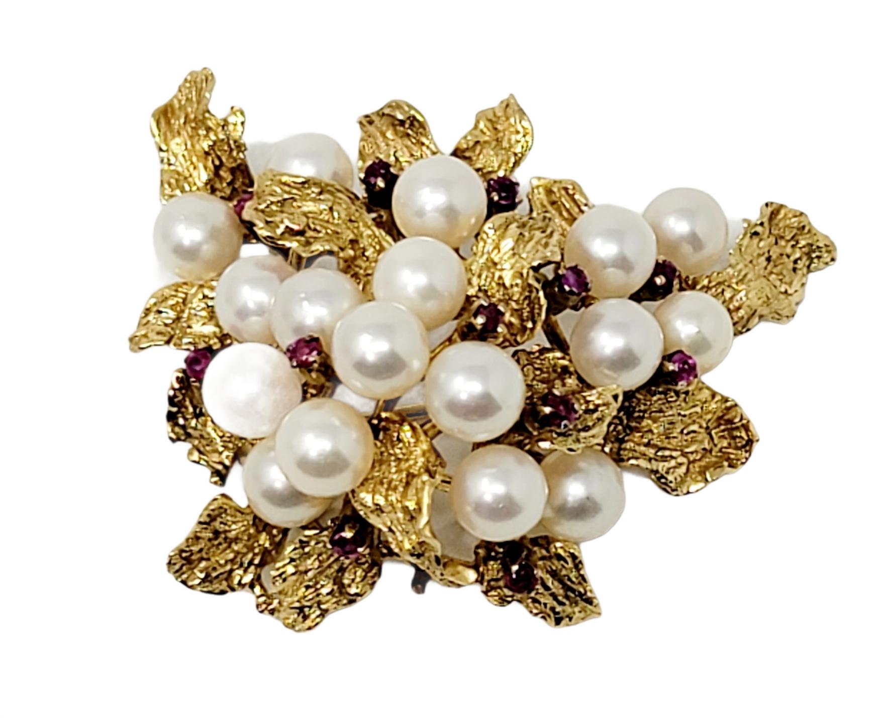 Vintage 14 Karat Yellow Gold Large Leaf Cluster Brooch with Pearls and Rubies For Sale 3