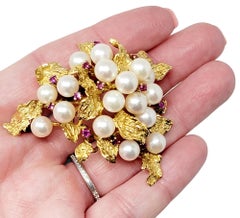 Vintage 14 Karat Yellow Gold Large Leaf Cluster Brooch with Pearls and Rubies