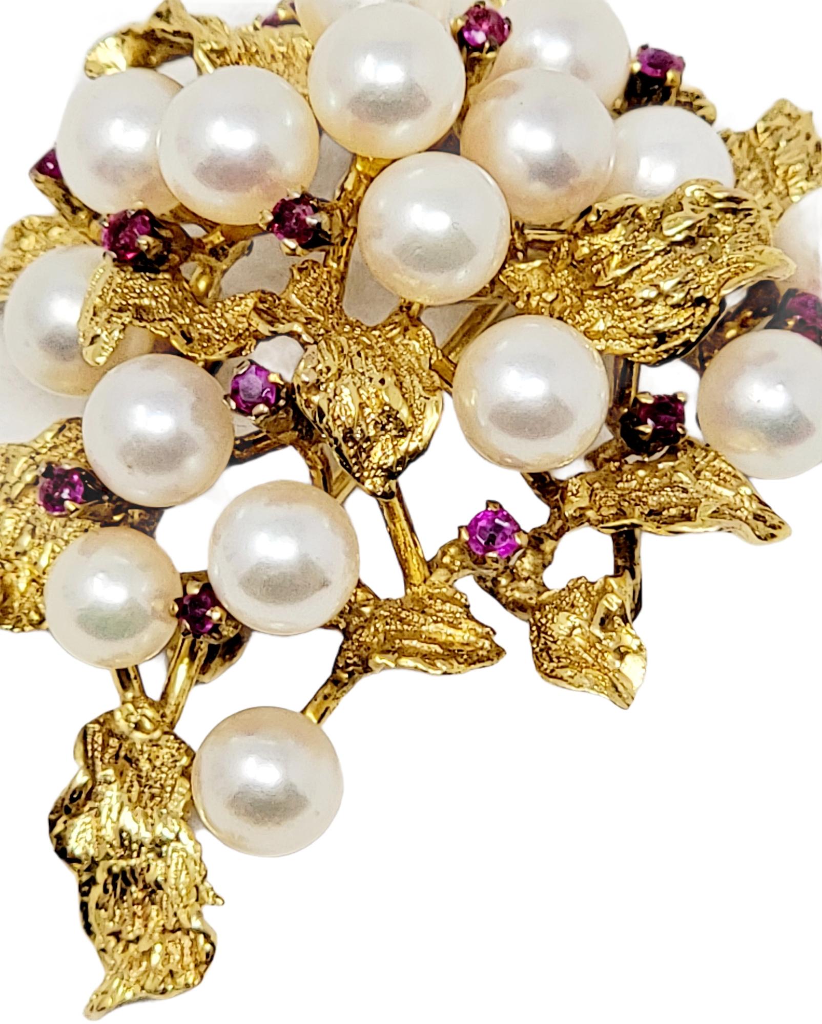 Women's Vintage 14 Karat Yellow Gold Large Leaf Cluster Brooch with Pearls and Rubies For Sale