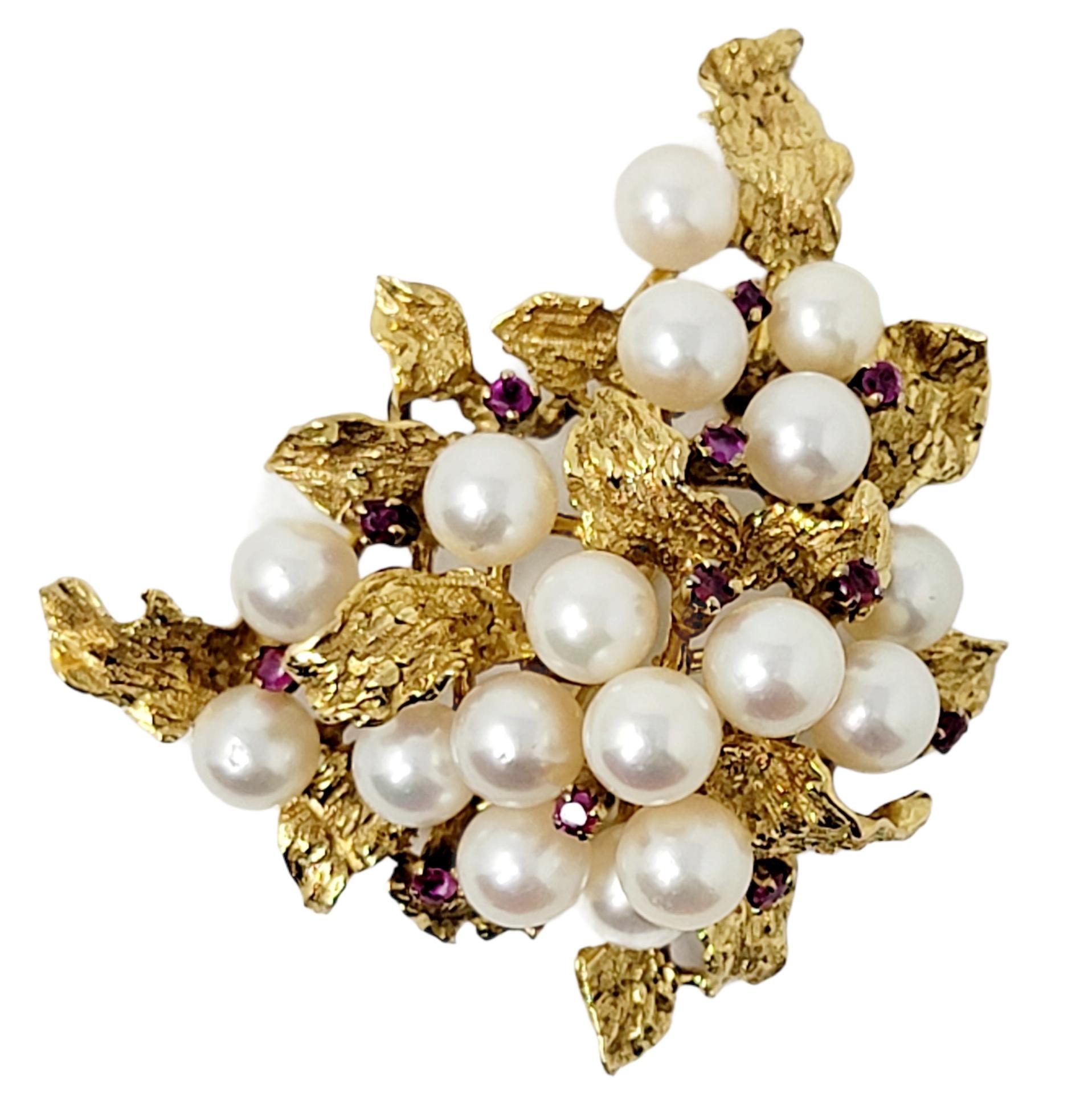 Vintage 14 Karat Yellow Gold Large Leaf Cluster Brooch with Pearls and Rubies For Sale 1
