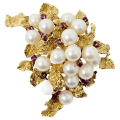 Vintage 14 Karat Yellow Gold Large Leaf Cluster Brooch with Pearls and Rubies