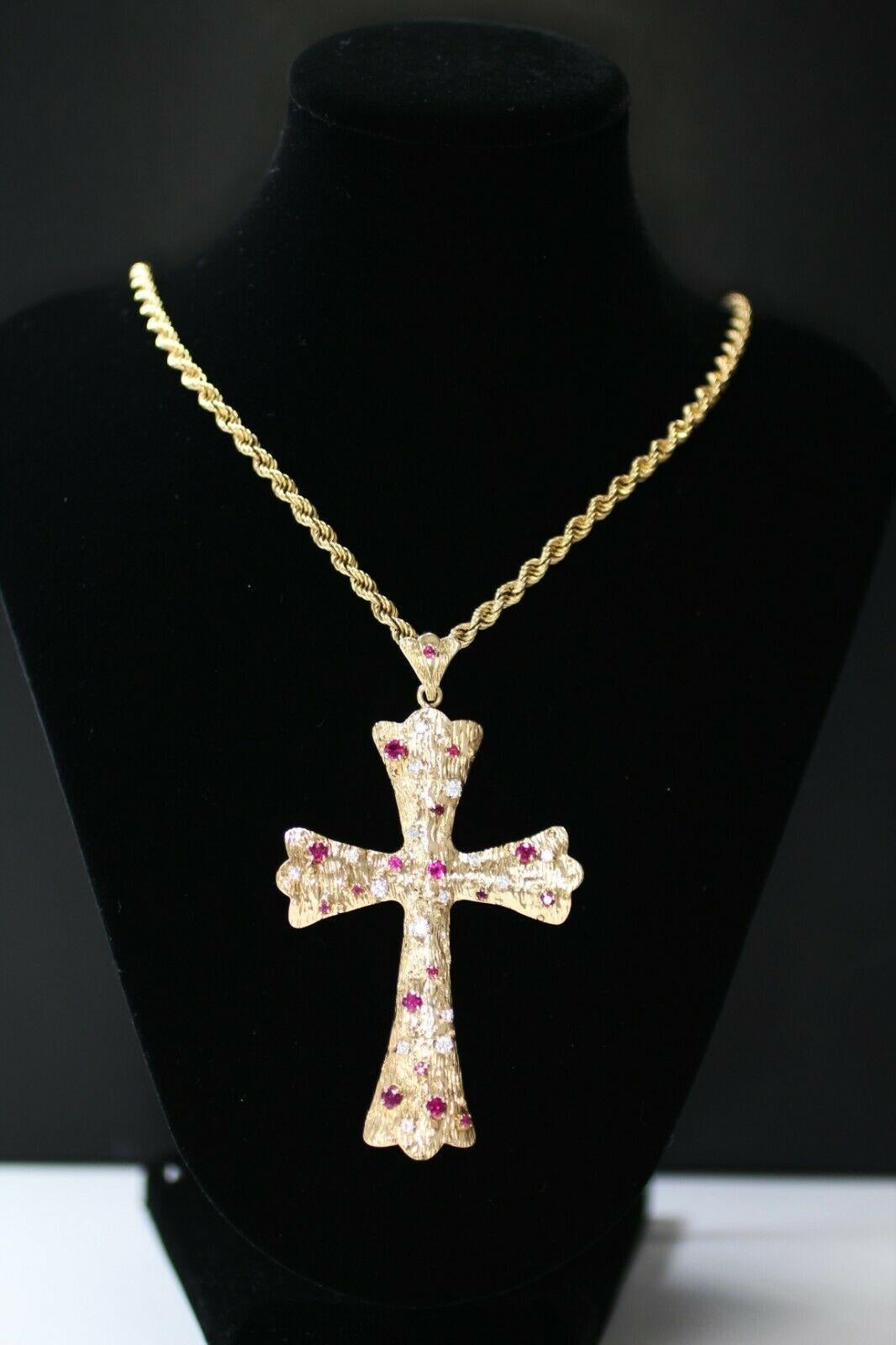 Modern Vintage 14 Karat Yellow Gold Large Ruby and Diamonds Cross and Chain For Sale