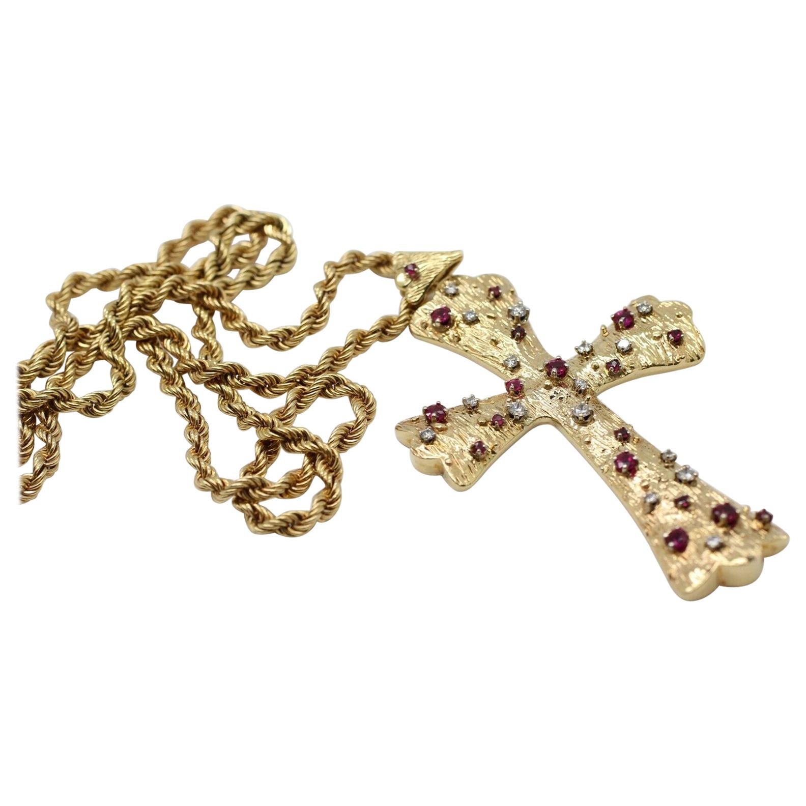 Vintage 14 Karat Yellow Gold Large Ruby and Diamonds Cross and Chain For Sale