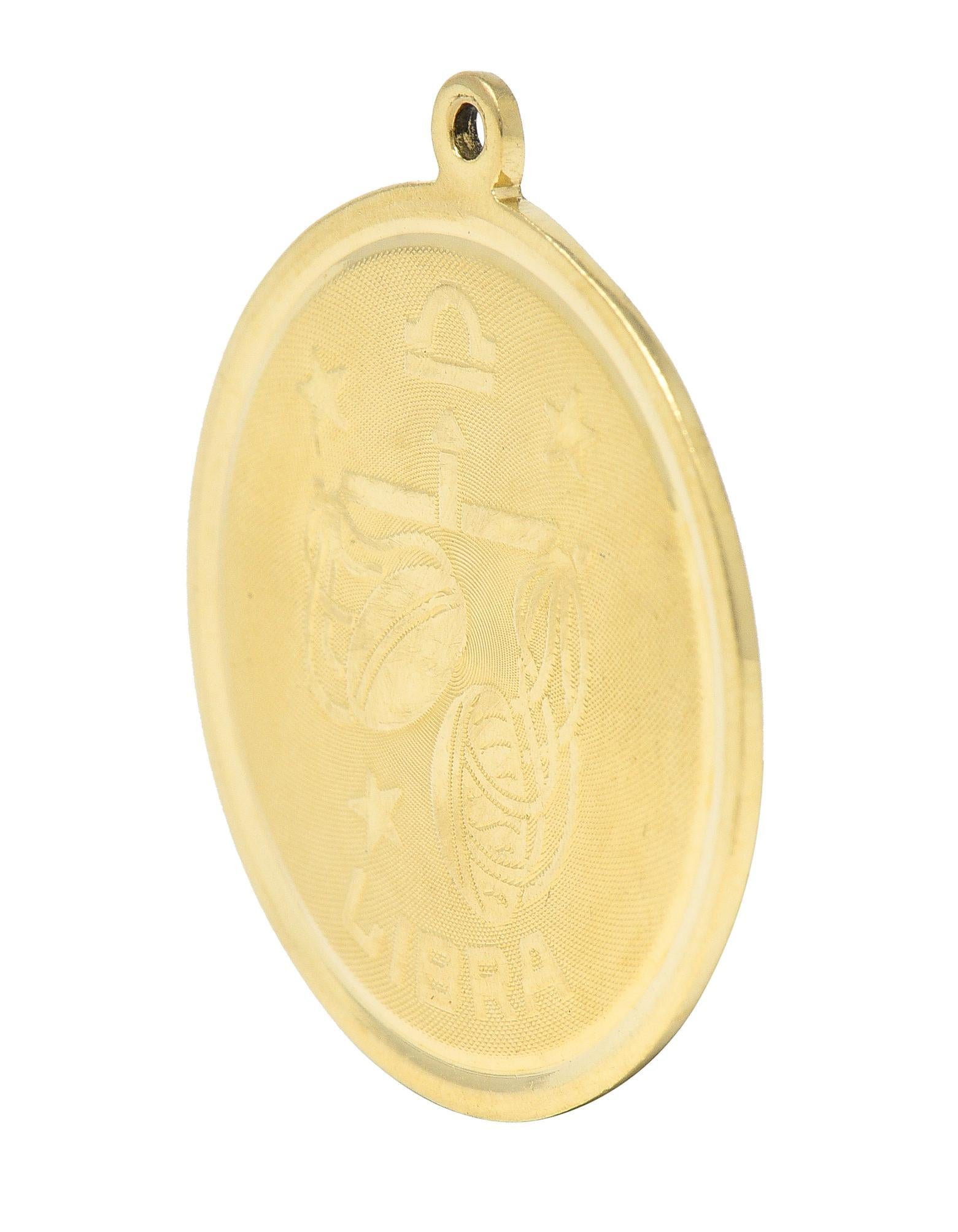 Vintage 14 Karat Yellow Gold Libra Zodiac Medallion Pendant Charm In Excellent Condition In Philadelphia, PA