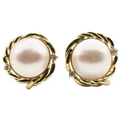 Vintage 14 Karat Yellow Gold Mabe Pearl and Diamond Ear Clip Earrings