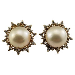 Vintage 14 Karat Yellow Gold Mabe Pearl and Diamond Earrings