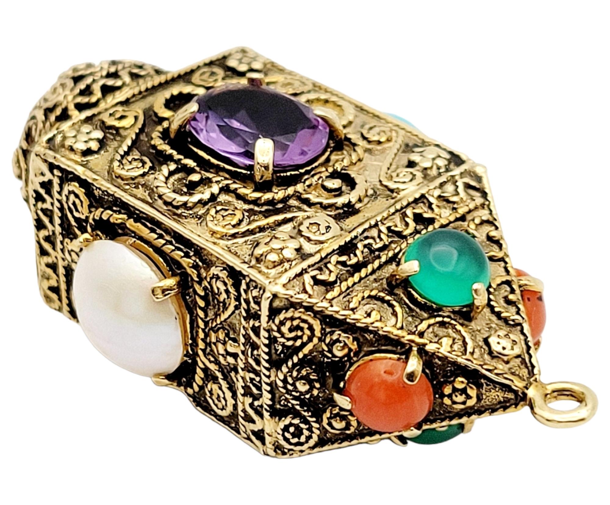 Vintage 14 Karat Yellow Gold Multi Gemstone Carved Talisman Pendant Charm In Good Condition For Sale In Scottsdale, AZ
