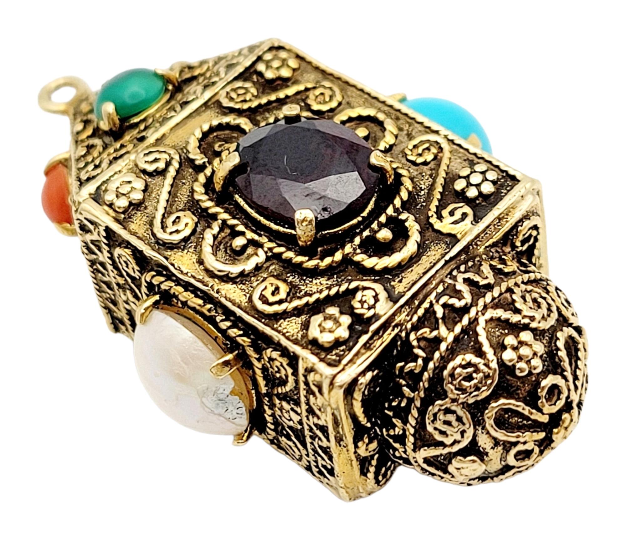 Vintage 14 Karat Yellow Gold Multi Gemstone Carved Talisman Pendant Charm For Sale 2