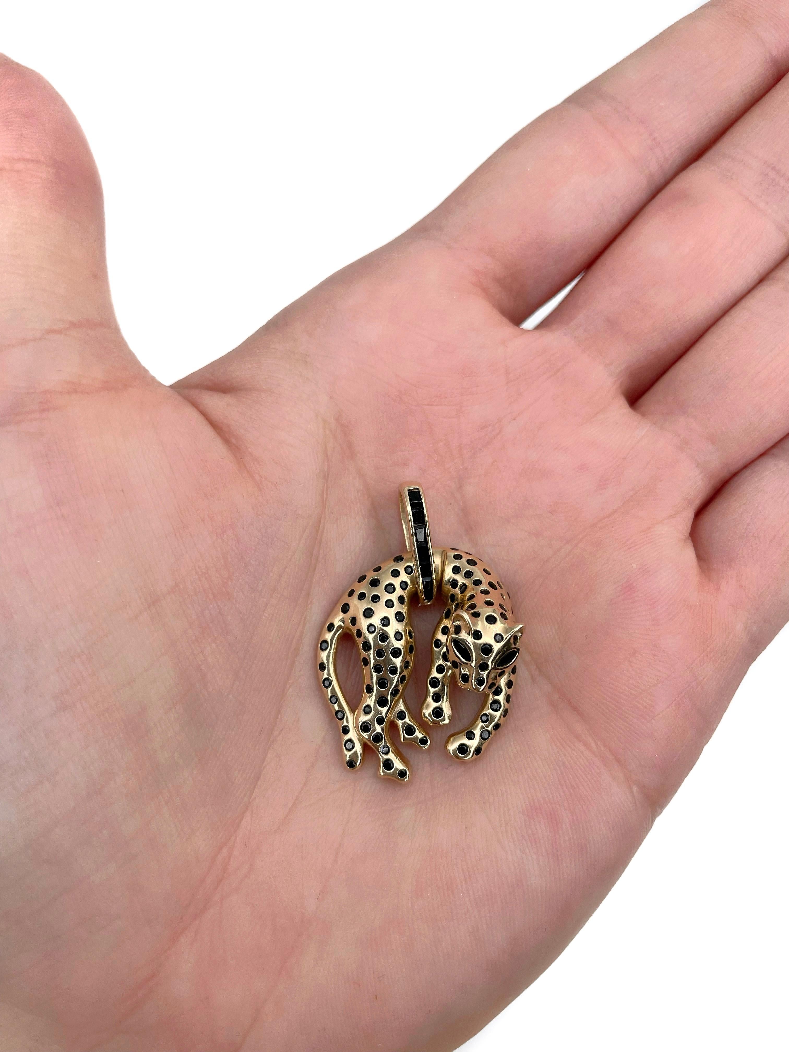 14 Karat Gelbgold Natürlicher schwarzer Spinell-Leoparden-Anhänger (Gemischter Schliff)