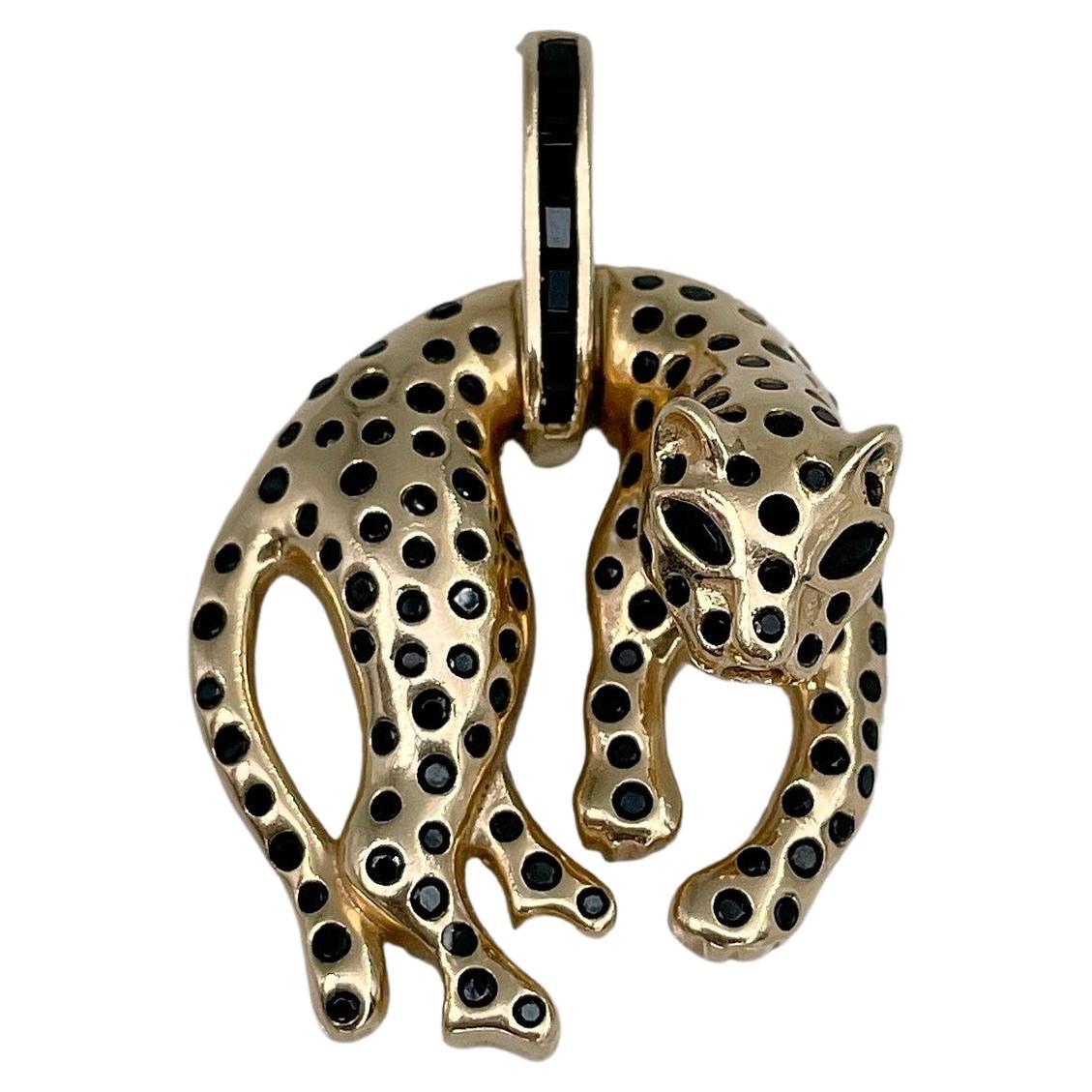 Vintage 14 Karat Yellow Gold Natural Black Spinel Leopard Pendant