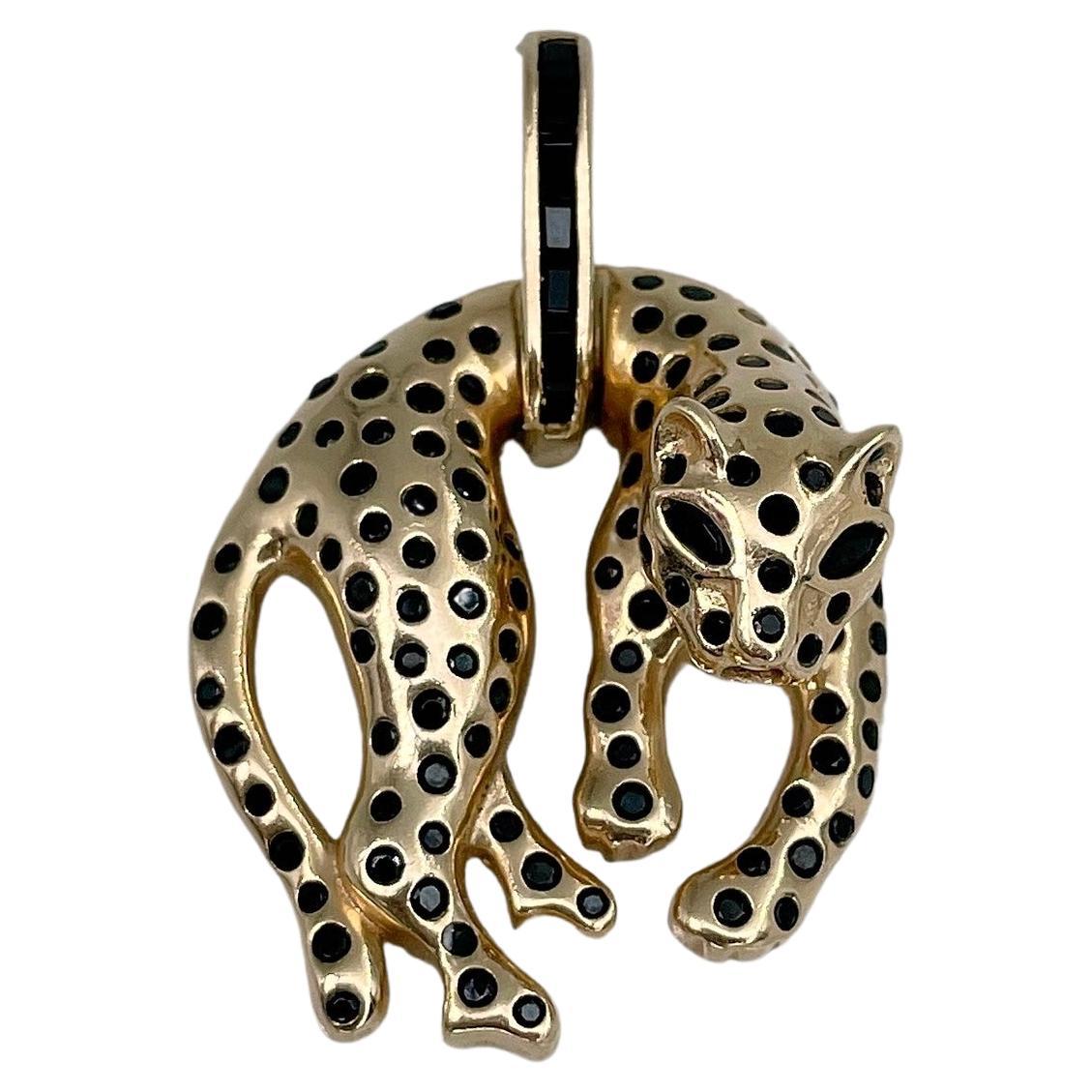 14 Karat Gelbgold Natürlicher schwarzer Spinell-Leoparden-Anhänger