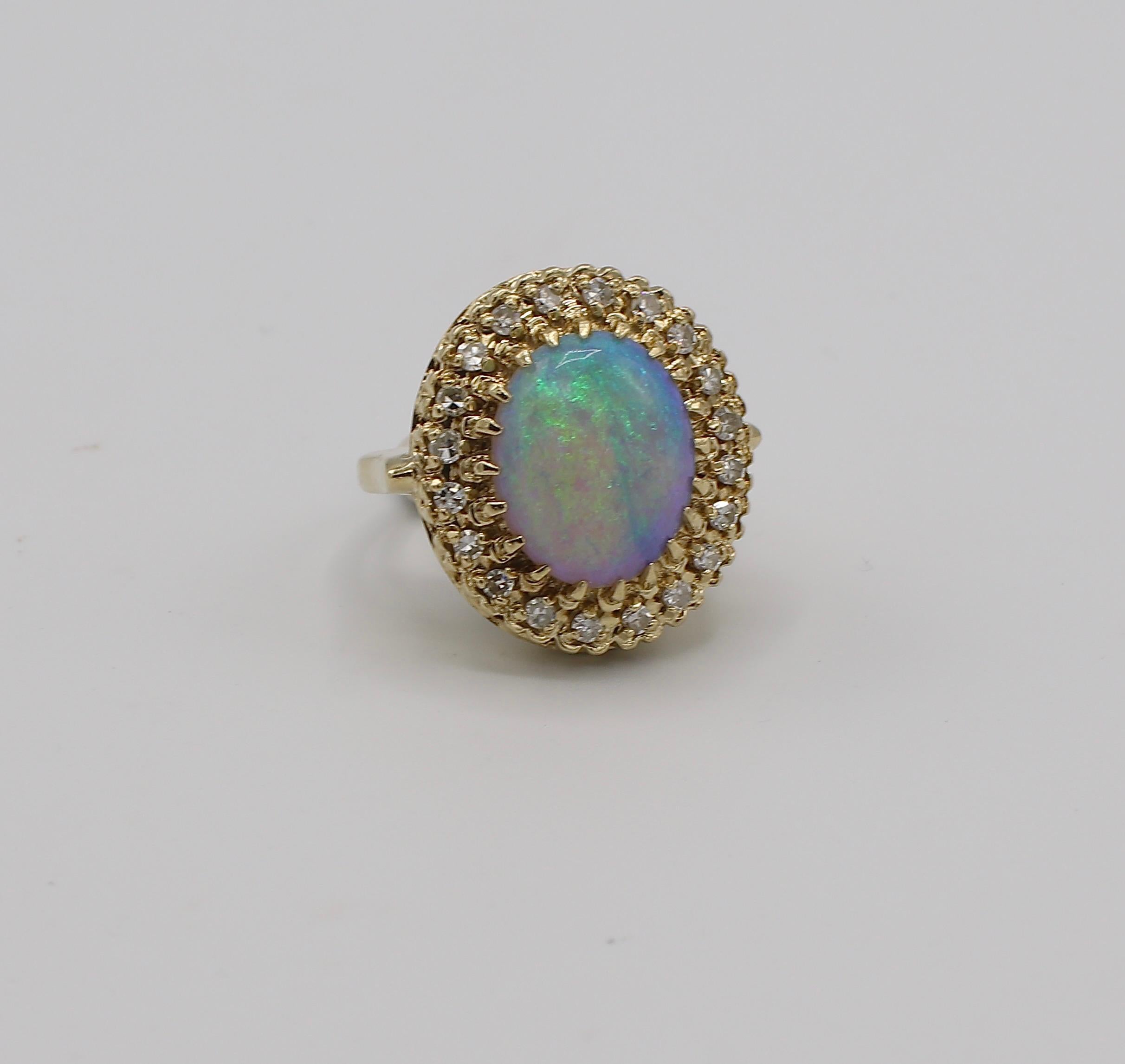 Round Cut Vintage 14 Karat Yellow Gold Opal and Diamond Halo Cocktail Ring