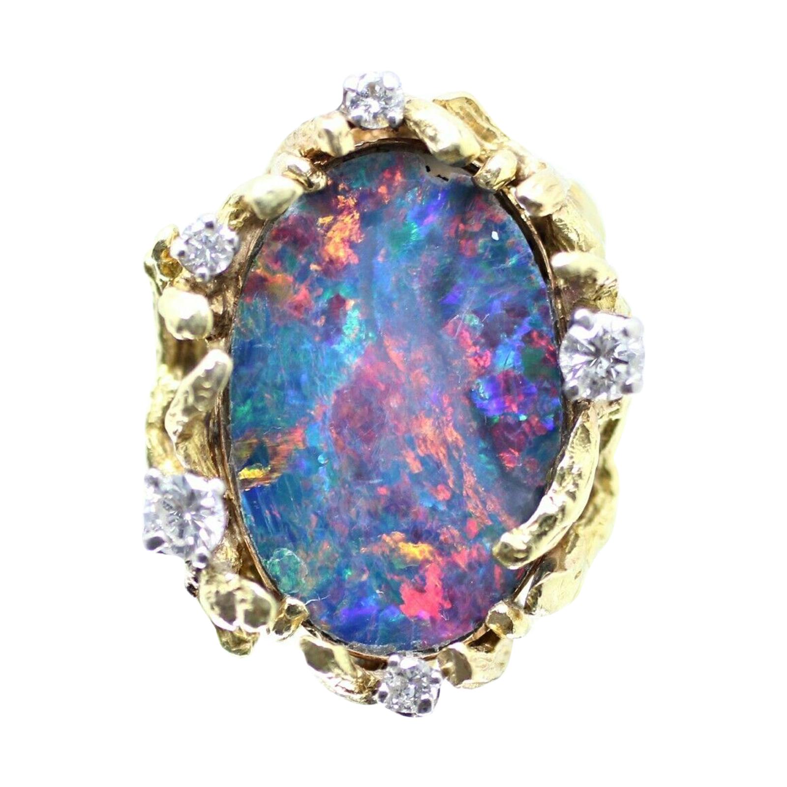 Vintage 14 Karat Yellow Gold Opal "Doublet" and Diamond Ring, Containing