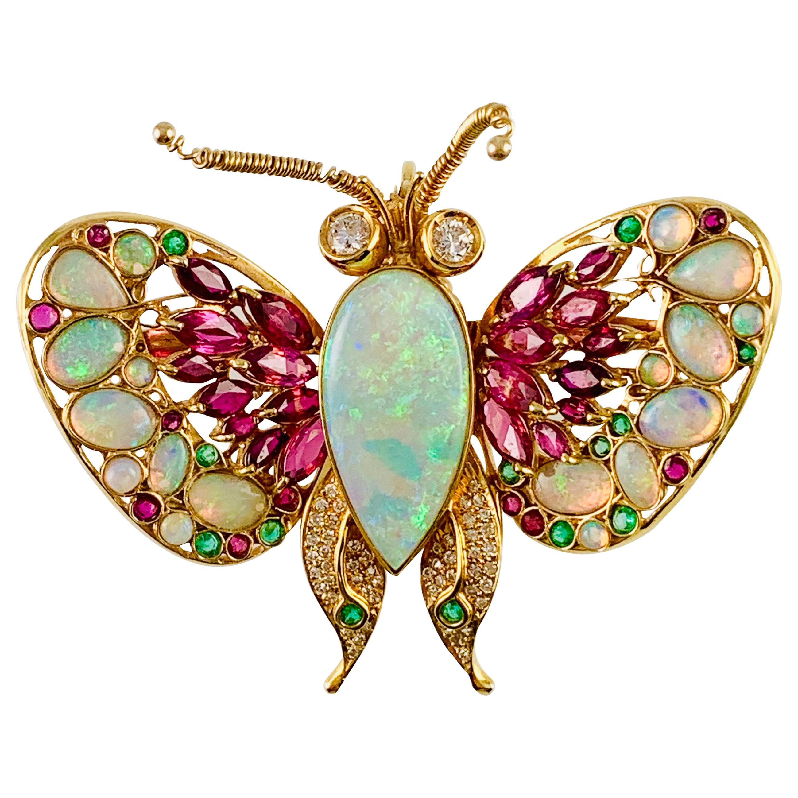 Vintage 14 Karat Yellow Gold Opal Ruby Emerald and Diamond Butterfly Brooch Pin