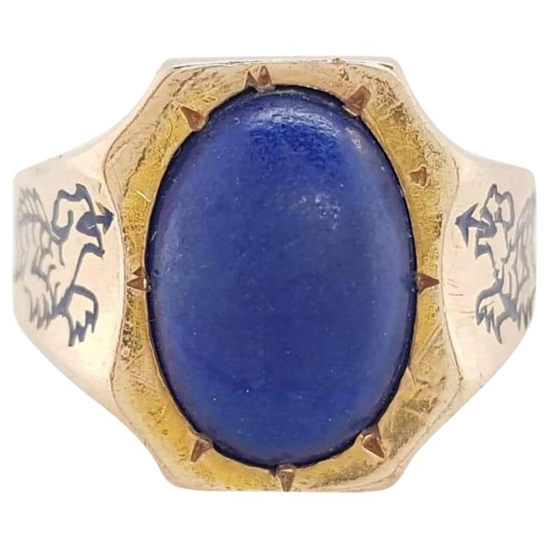 Vintage 14 Karat Yellow Gold Oval Cabochon Lapis Lazuli and Blue Enamel Ring For Sale