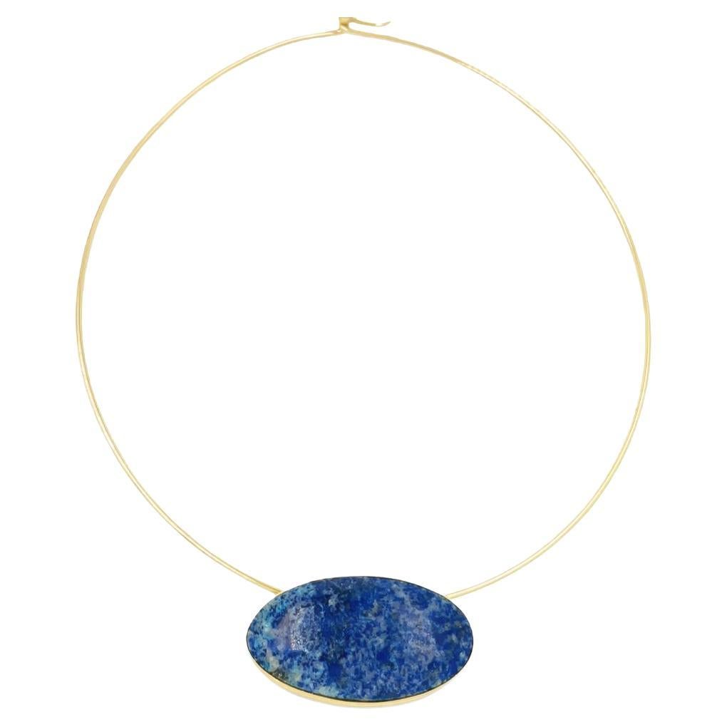 Vintage 14 Karat Yellow Gold Oval Cabochon Lapis Lazuli Wire Collar Necklace For Sale