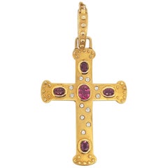 Vintage 14 Karat Yellow Gold Oval Ruby and Diamond Cross Pendant