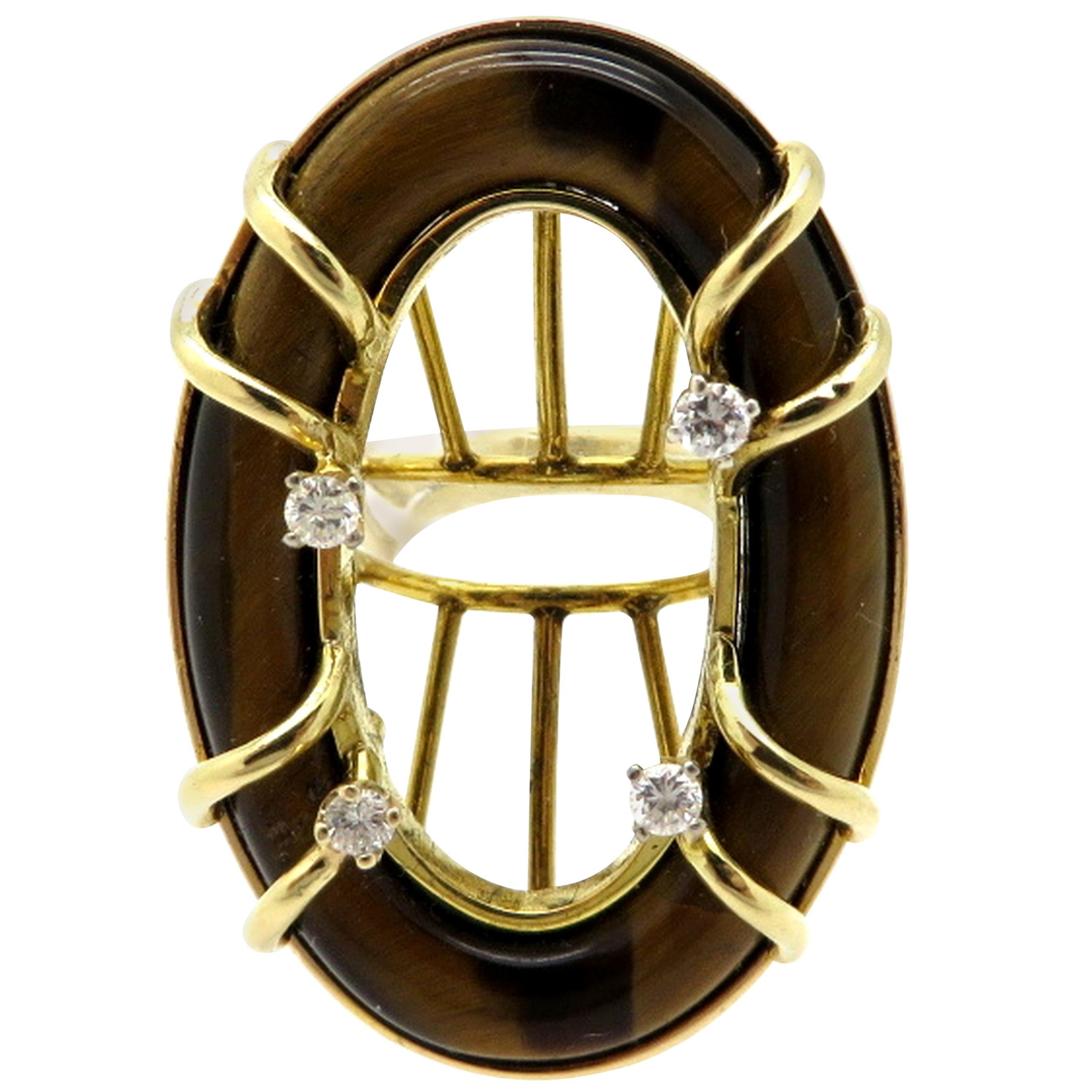 Bague mode vintage en or jaune 14 carats avec œil de tigre ovale et diamants