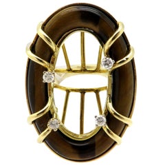 Vintage 14 Karat Yellow Gold Oval Tiger's Eye Fashion Ring with Diamonds