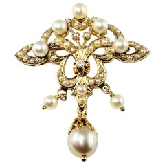 Vintage 14 Karat Yellow Gold Pearl and Diamond Brooch/Pin