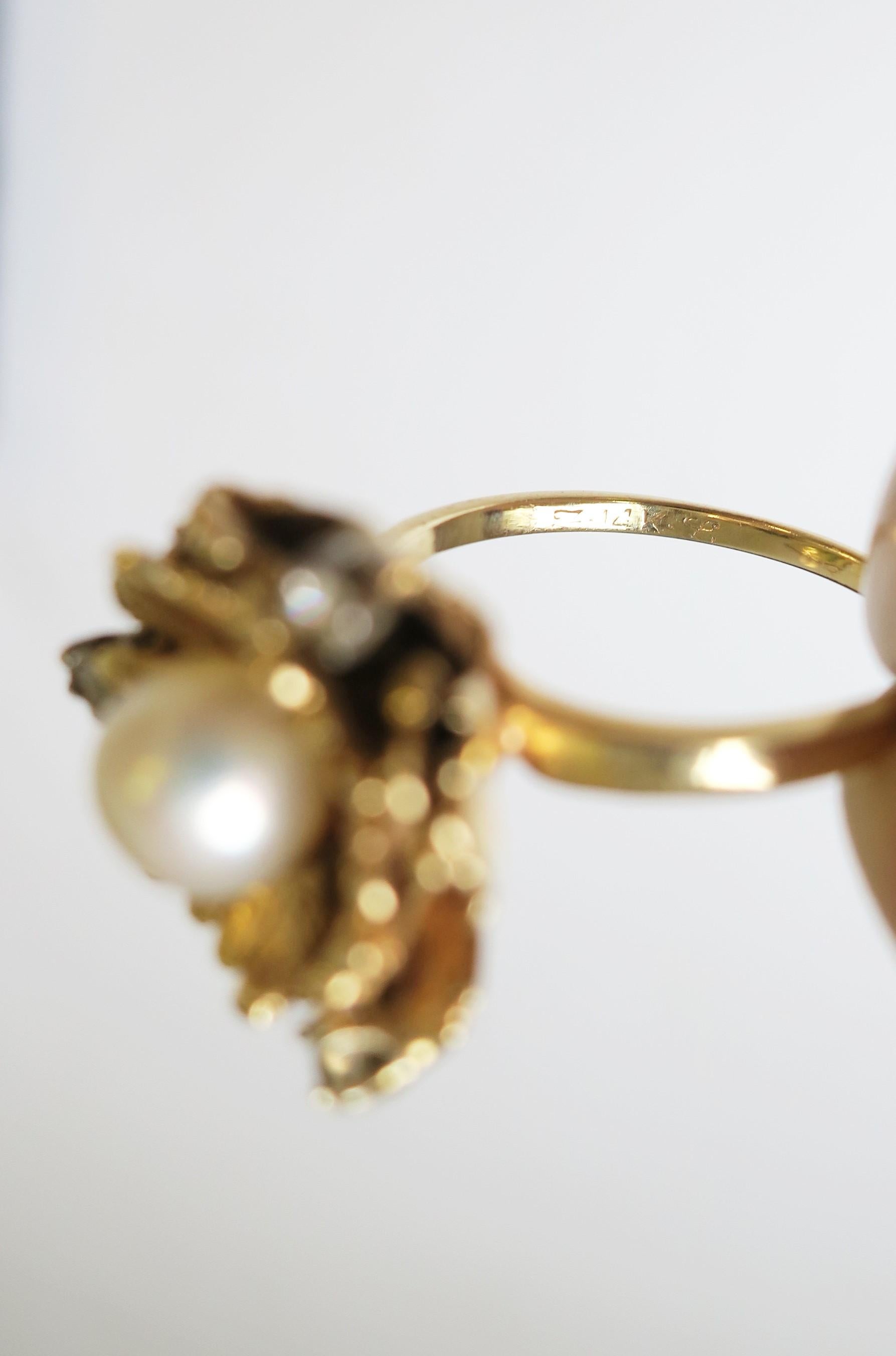 Vintage 14-Karat Yellow Gold Pearl and Diamond Cocktail Ring, circa 1960s 7